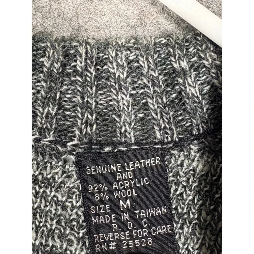 Saxony Vintage Mens Grey Geometric Knit Sweater Genuine Leather Patches Size M